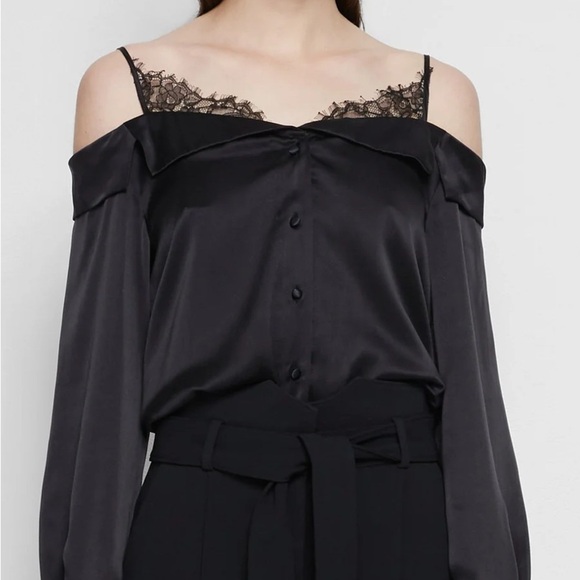 JONATHAN SIMKHAI Caylee Silk Lace Plisse Off Shoulder  Button Down Blouse Top - Picture 13 of 16